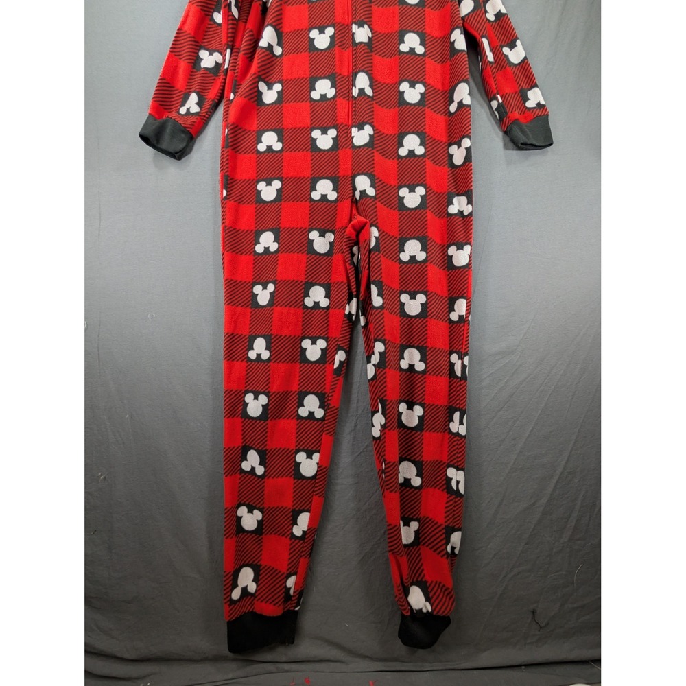 Disney 100 Mickey Mouse‎ Buffalo Plaid Hooded One Piece Pajamas Red Black Medium - Picture 3 of 9
